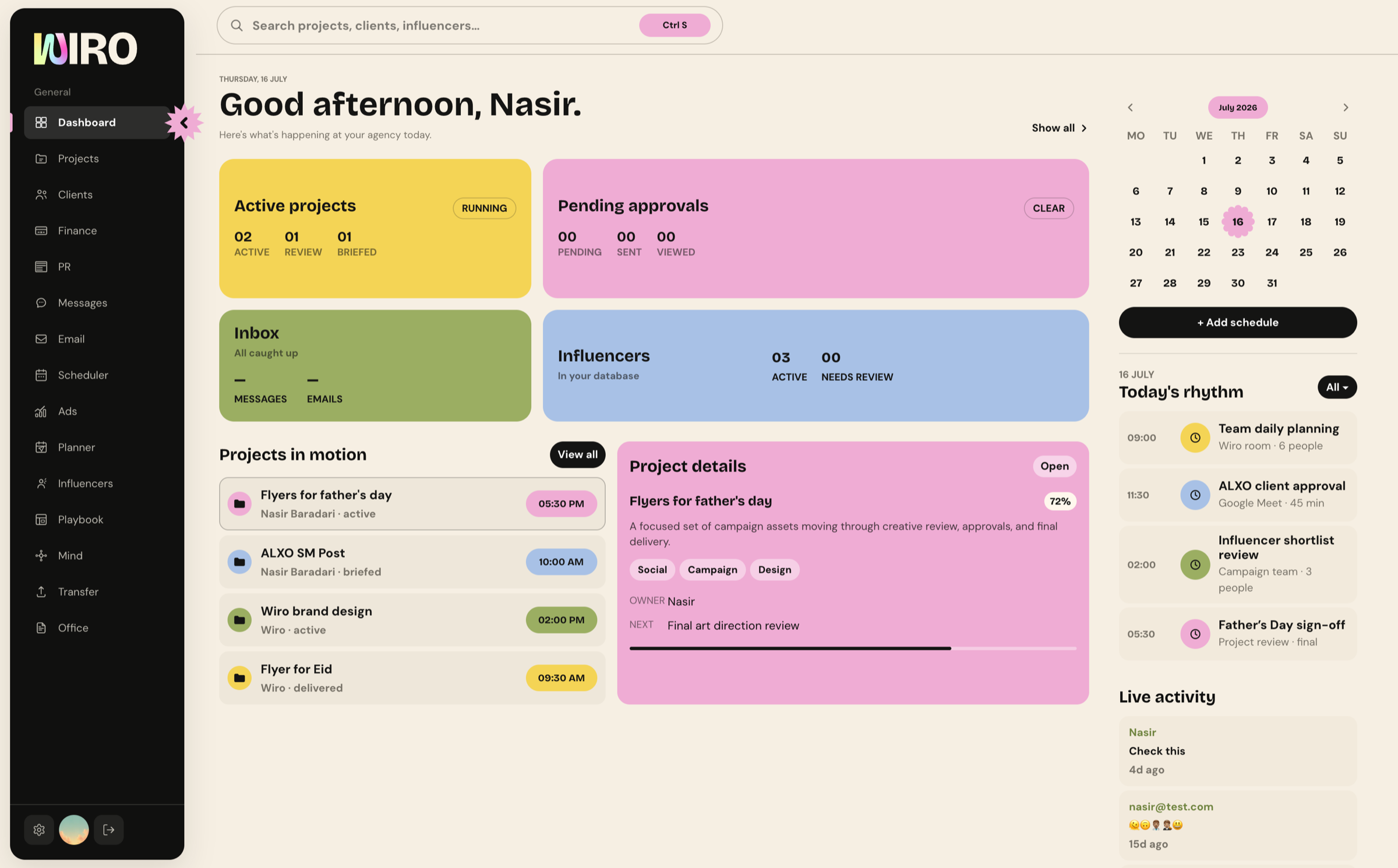 Wiro agency dashboard showing active projects, pending approvals and today's schedule